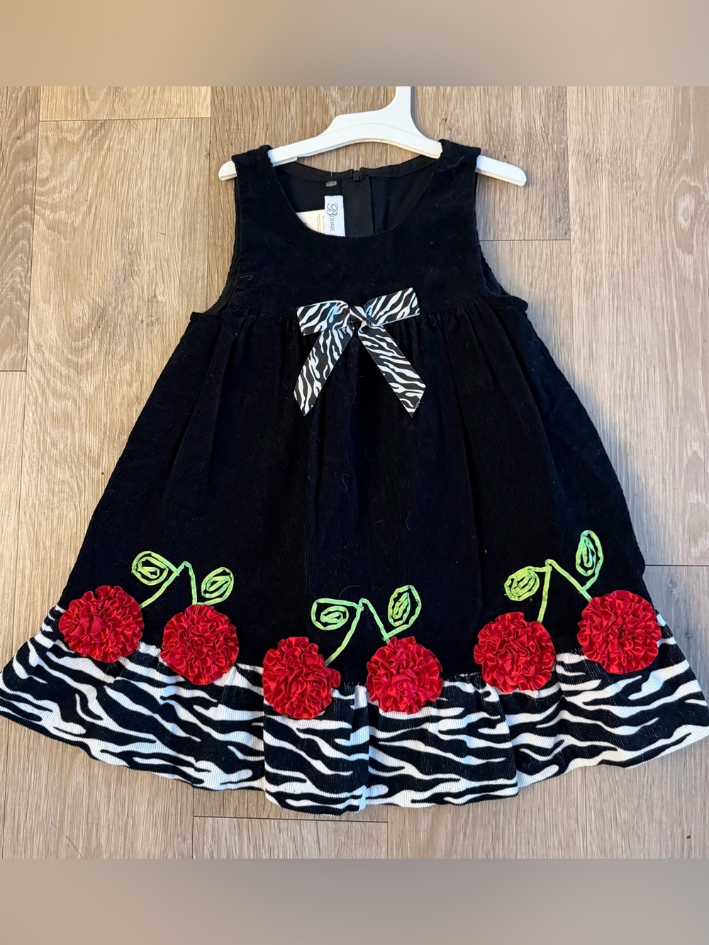 Bonnie Jean Size 3T Black corduroy Dress Red Floral Rosettes and Zebra Trim
